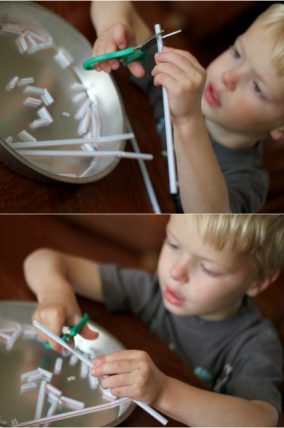 Cutting pieces of straws for shoestring necklace