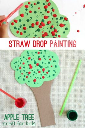 Straw drop painting apple tree craft for kids