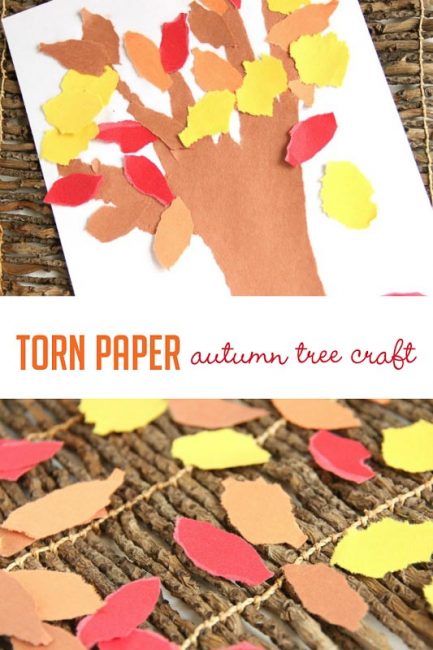 Tearing paper to work on fine motor skills while making a simple fall tree craft -- great project!