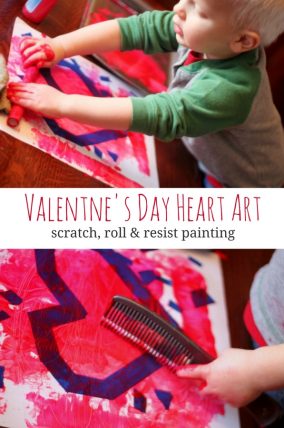 Make Valentine's Day heart art by scratching, rolling and creating tape resist paintings