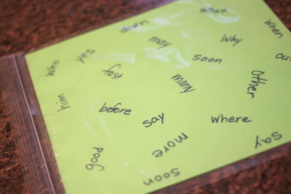 Sight words to find in an I Spy Sensory Bag