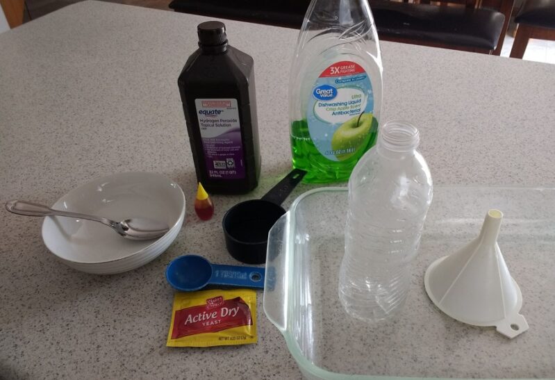 Supplies needed for elephant toothpaste science experiment for kids