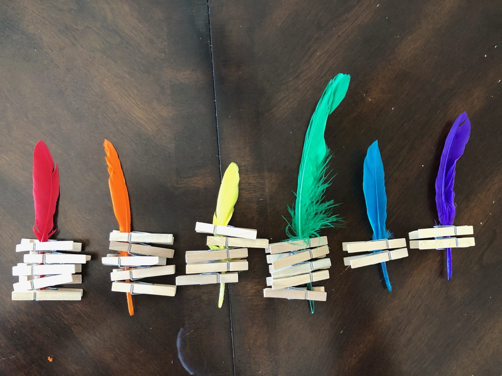 Feathers and clothespins are perfect for fine motor activity exploration.