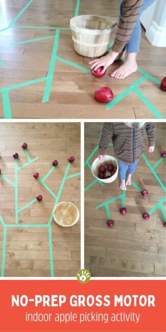An indoor apple picking activity that's great for gross motor skills Toddlers and preschoolers will love this simple indoor gross motor activity! All you need to have is painters tape, apples, and a basket! Balance your way to “pick” all the apples.